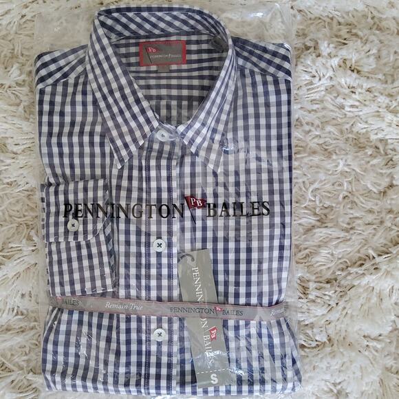 Pennington Bailes Women's Long Sleeve Button Down Cotton Blouse Navy Blue Plaid - Picture 6 of 7